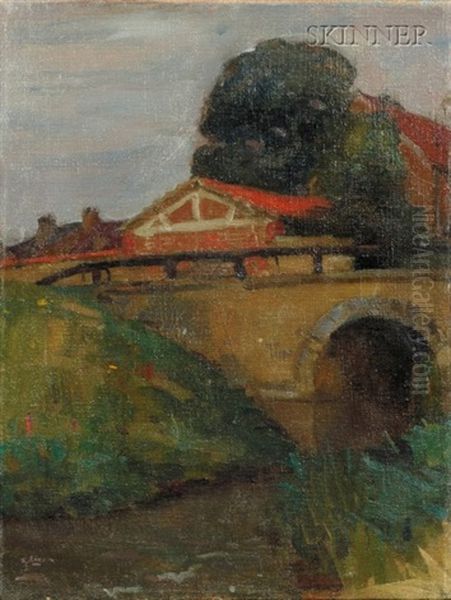 Barn On A Clear Day (+ River And Bridge View; 2 Works) Oil Painting by Robert Henry Logan