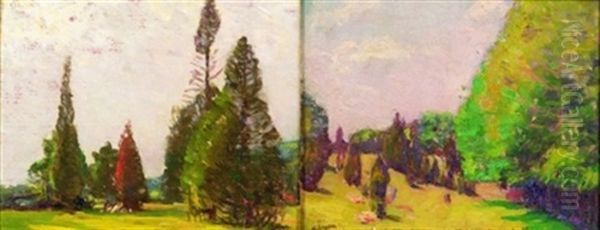 Rural Landscape With Fields And Cypress (+ Another, Similar; 2 Works) Oil Painting by Robert Henry Logan