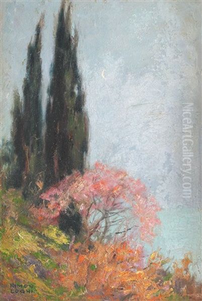 Cypress On Waterfront Oil Painting by Kimon Loghi