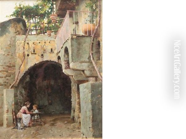 Mother And Child In An Italian Courtyard Oil Painting by William Logsdail