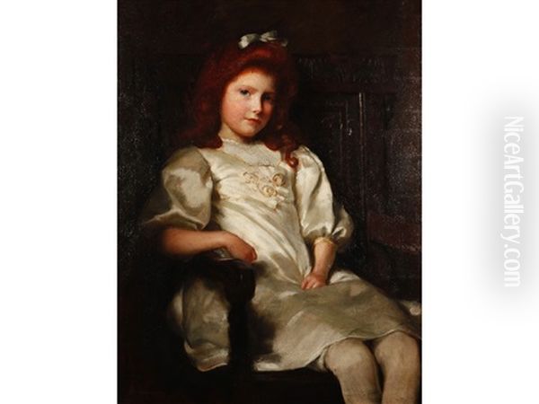 A Threequarter Length Portrait Of A Young Girl Seated In A Wainscot Chair And Wearing A White Dress Oil Painting by William Logsdail