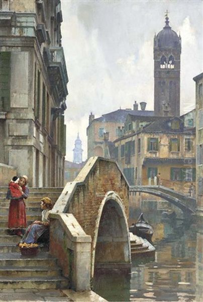 The Ponte Dei Pugni, Venice, With The Campanile Of Sta. Fosca Beyond Oil Painting by William Logsdail