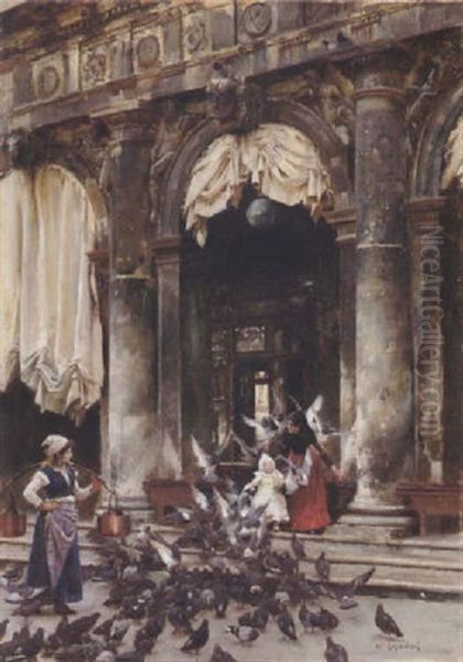 Feeding The Birds Outside Florian's, St. Mark's Square, Venice Oil Painting by William Logsdail