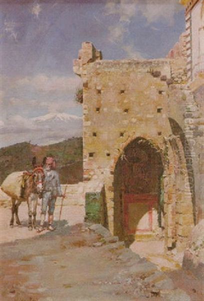 Peasant With A Donkey By A Doorway Oil Painting by William Logsdail