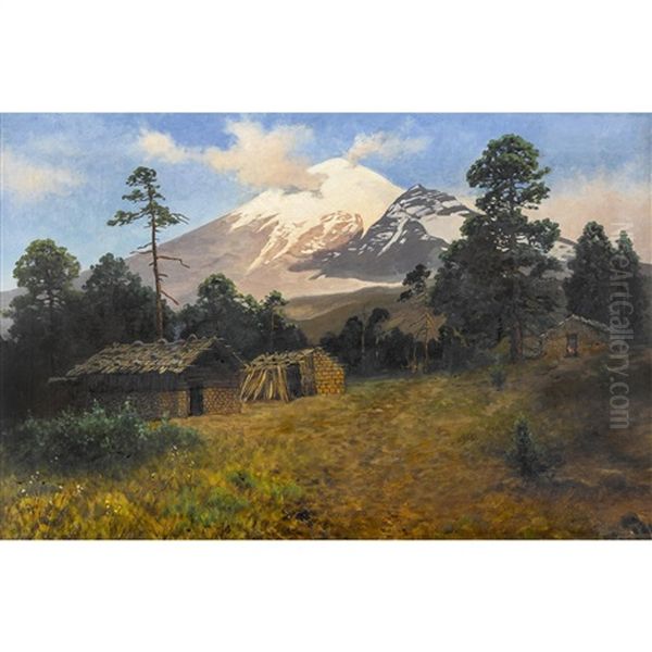 Der Vulkan Popocatepetl Mit Bauernhausern Oil Painting by August Loehr