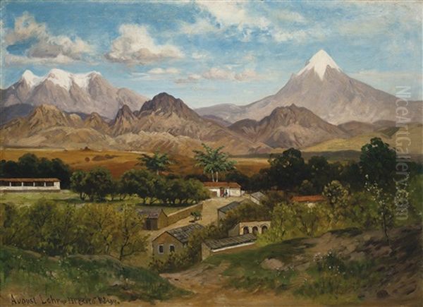 Vista De Cuernavaca Con Los Volcanes Popocatepetl E Iztaccihuatl Oil Painting by August Loehr