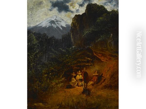 A Moonlit Landscape, Believed To Be In The Valley Of Mexico Oil Painting by August Loehr