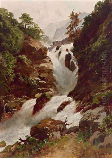 Wasserfall In Den Bergen Oil Painting by August Loehr