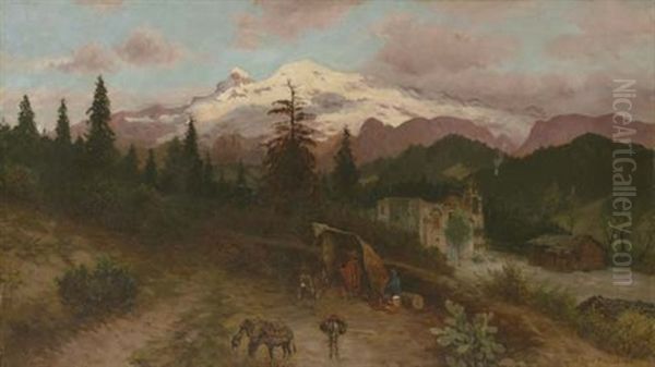 Campesinos A Las Afueras De Una Iglesia Al Pie Del Ixtlazihuatl Oil Painting by August Loehr