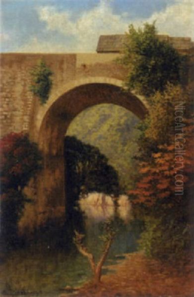 A Bridge In A Mexican Landscape Oil Painting by August Loehr