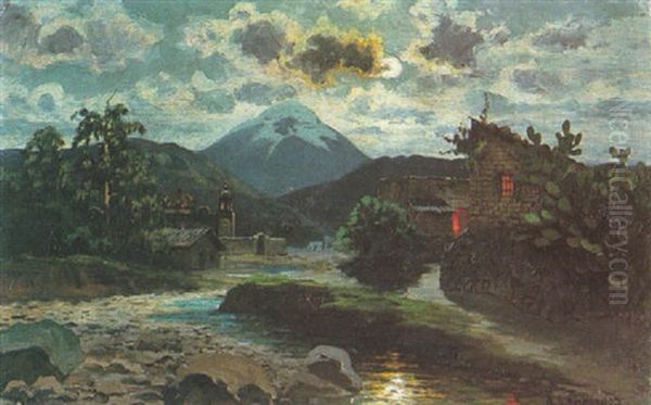 Mexikanisches Dorf Bei Mondschein Oil Painting by August Loehr