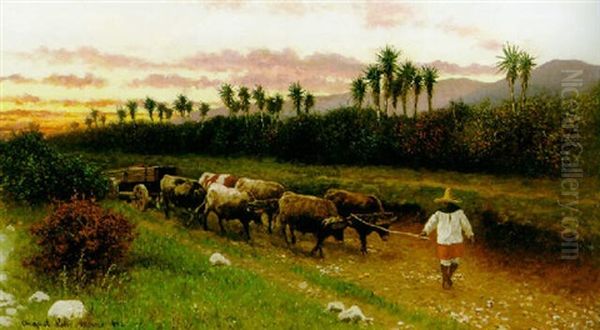 Peasant And Ox Cart Oil Painting by August Loehr