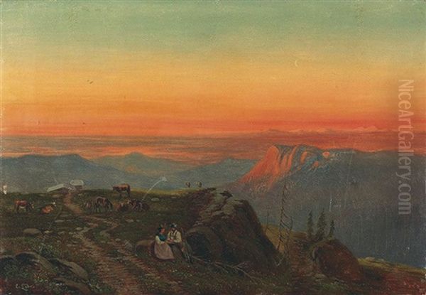 Abendliche Landschaft Mit Hirtenpaar In Den Alpen Oil Painting by Emil Ludwig Lohr