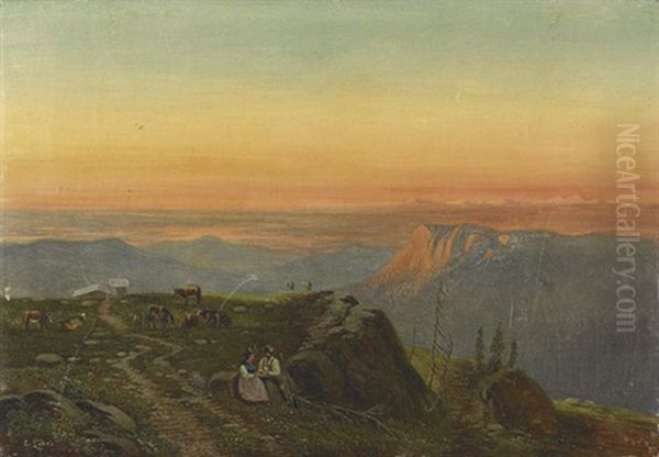 Abendliche Landschaft Mit Hirtenpaar In Den Alpen Oil Painting by Emil Ludwig Lohr