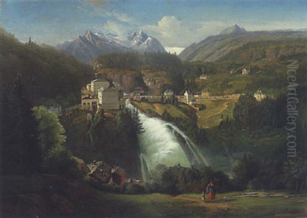 Bad Gasteiner Panoramaansicht Mit Dem Wasserfall Oil Painting by Emil Ludwig Lohr