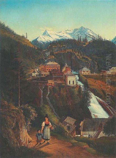 Gastein Mit Dem Wasserfall Und Figuraler Staffage Oil Painting by Emil Ludwig Lohr