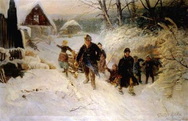 Winterspaziergang Am Abend Oil Painting by Gustav Loehr