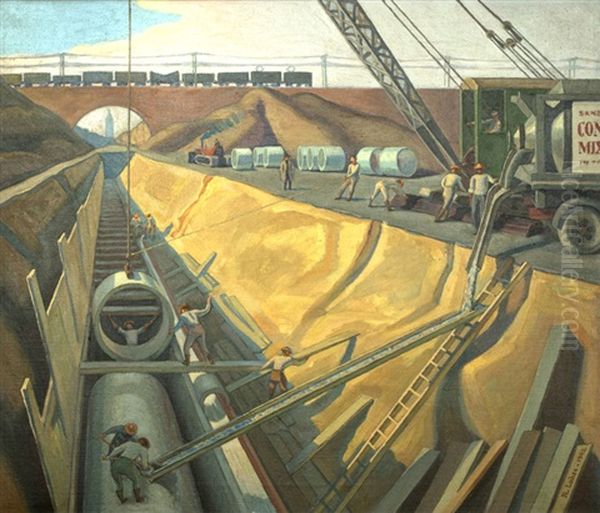 Figures Building A Pipeline Oil Painting by Remie Lohse