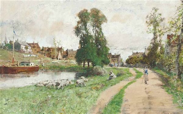 Herding Sheep On The Riverbank Oil Painting by Luigi Loir