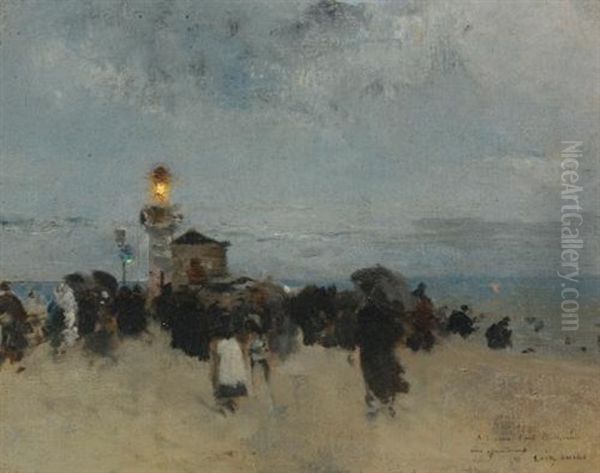 Figures Near A Lighthouse Oil Painting by Luigi Loir