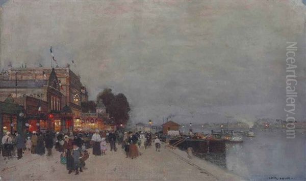 A Crowd In Front Of A Theatre On The Bank Of The Seine Oil Painting by Luigi Loir