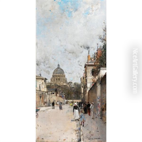 La Rue Du Val De Grace, Le Dome De L'eglise Du Val De Grace A L'arriere Plan Oil Painting by Luigi Loir