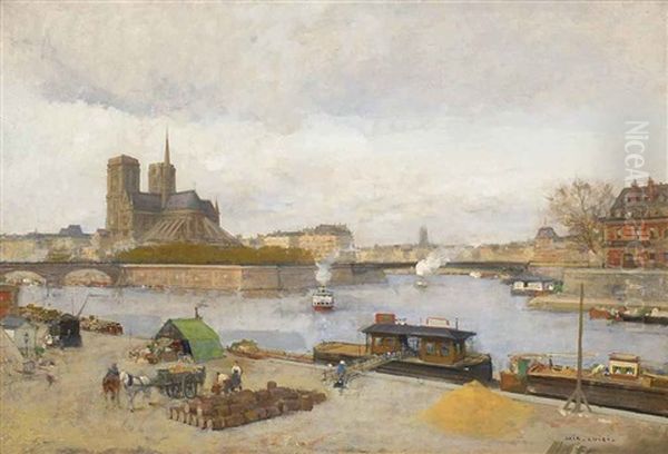 View Of Notre Dame From The Quai De La Tournelle, Paris Oil Painting by Luigi Loir