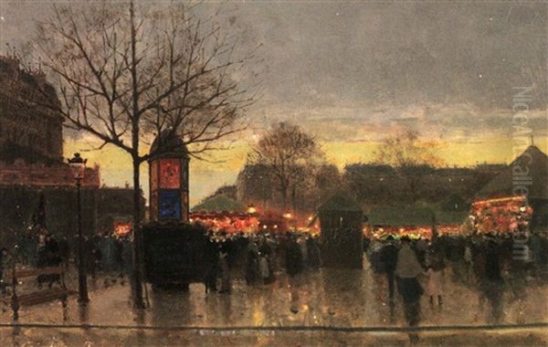 Fete Foraine La Nuit Place De La Republique Oil Painting by Luigi Loir