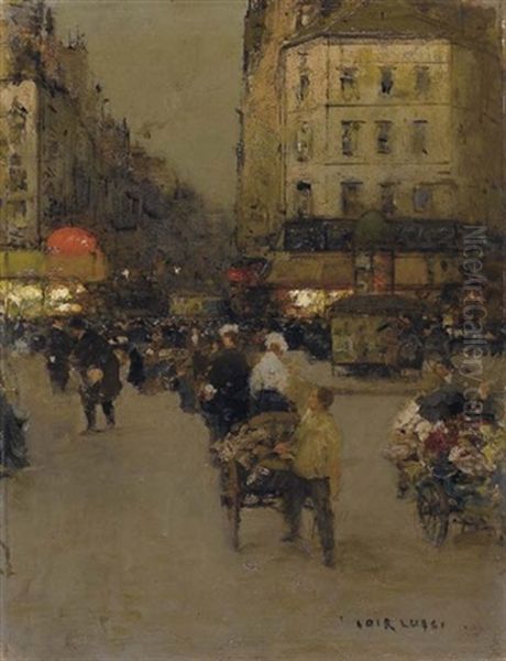 Crepuscule Sur Une Place, Paris (la Place Du Delta?) Oil Painting by Luigi Loir