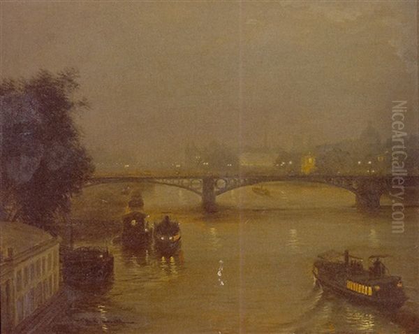 Parisian Nighttime Scene Of The Seine Oil Painting by Luigi Loir