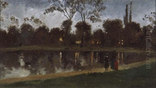 Abendspaziergang Am See (im Bois De Bologne) Oil Painting by Luigi Loir