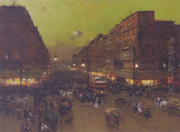 A Parisian Boulevard At Night Oil Painting by Luigi Loir