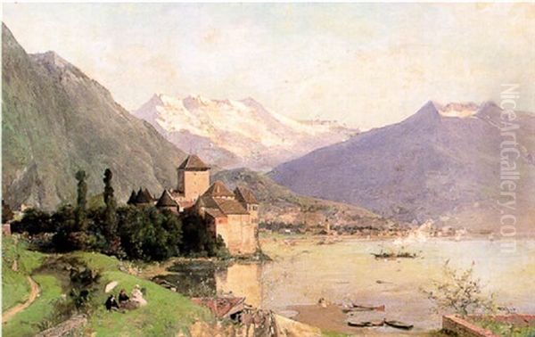 Vue Du Chateau De Chillon (suisse) Oil Painting by Luigi Loir