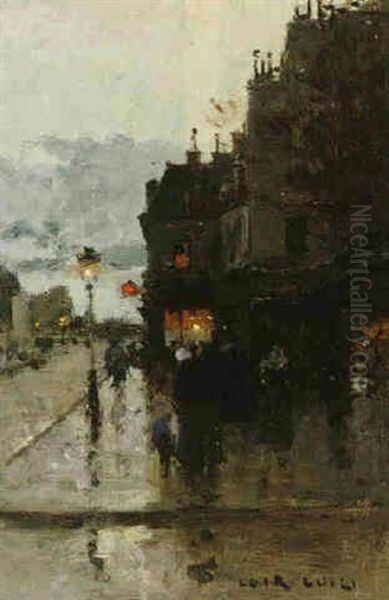 A Parisian Street Scene By Night Oil Painting by Luigi Loir