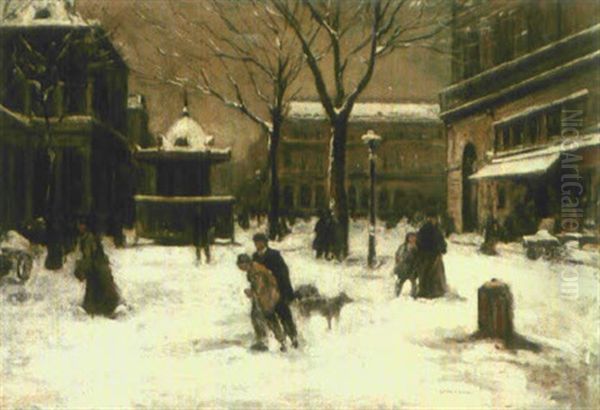 A Winter Street Scene, Paris Oil Painting by Luigi Loir