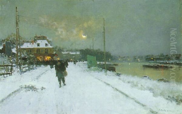 A Snowy Scene At Suresnes Oil Painting by Luigi Loir