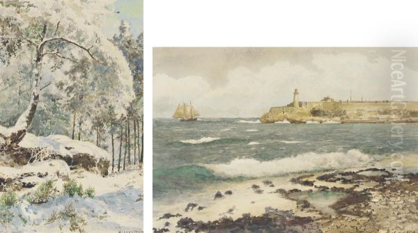 A Lighthouse From A Beach; And A Snow-covered Tree Oil Painting by Albert Benois