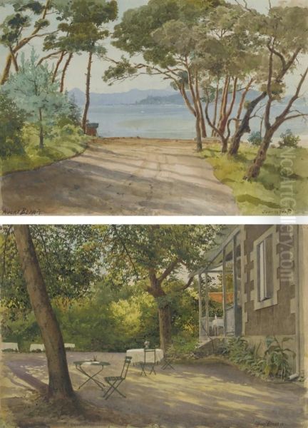 Juan Les Pins, Cotes D'azur; And A Garden With Tables Oil Painting by Albert Benois