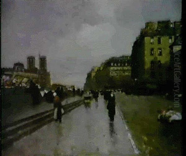 A Rainy Day On The Quai Des Grands Augustins, Paris Oil Painting by Luigi Loir