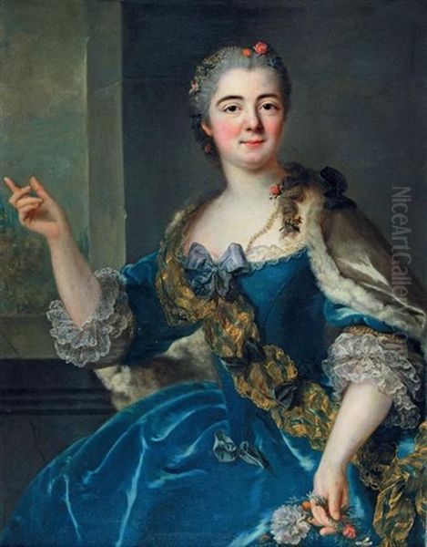 Portrait De Jeune Femme En Robe Bleue Tenant Une Couronne De Fleurs Oil Painting by Marianne Loir