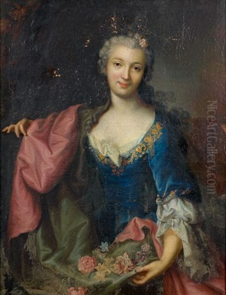 Portrait De Jeune Femme Tenant Des Fleurs Dans Sa Draperie Oil Painting by Marianne Loir