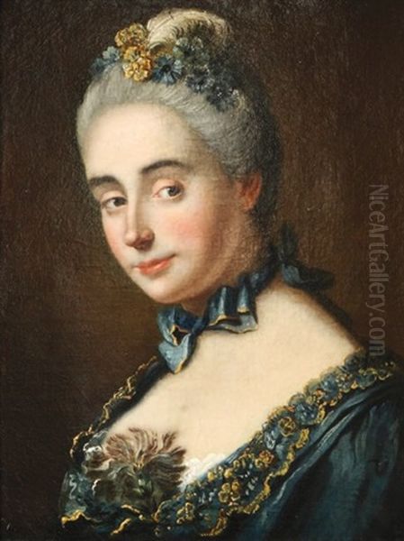 Portrait De Femme En Buste A La Robe Bleue Et Au Noeud Oil Painting by Marianne Loir