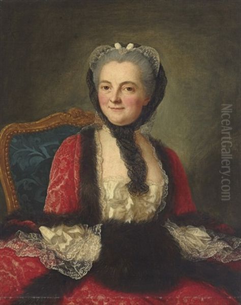 Portrait Of A Woman, Seated, In A Red Dress With A Black Muff Oil Painting by Marianne Loir