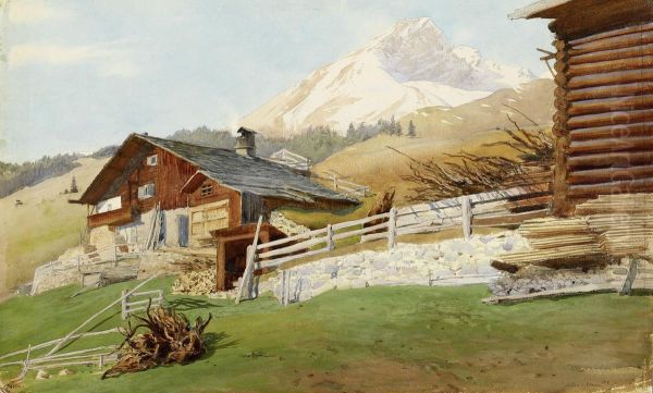 Mountain Landscape With Farmhouse(davos) Oil Painting by Albert Nikolaivich Benua