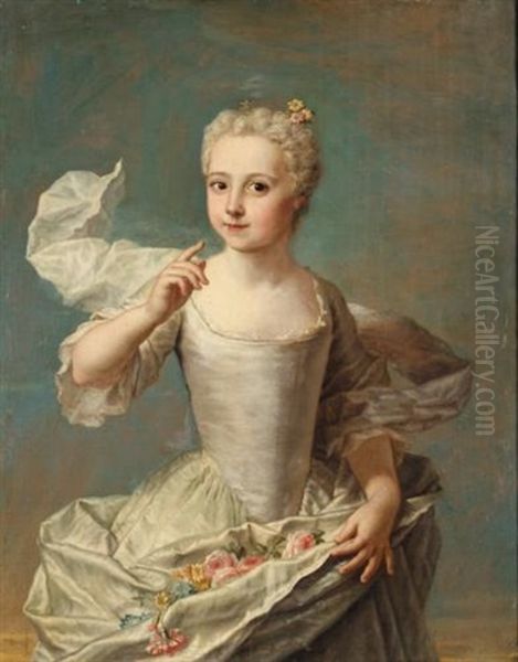 Portrait Of Jacquette Colombe De Boquart, Three-quarter Length, Wearing A White Silk Dress Holding A Bunch Of Flowers Oil Painting by Marianne Loir