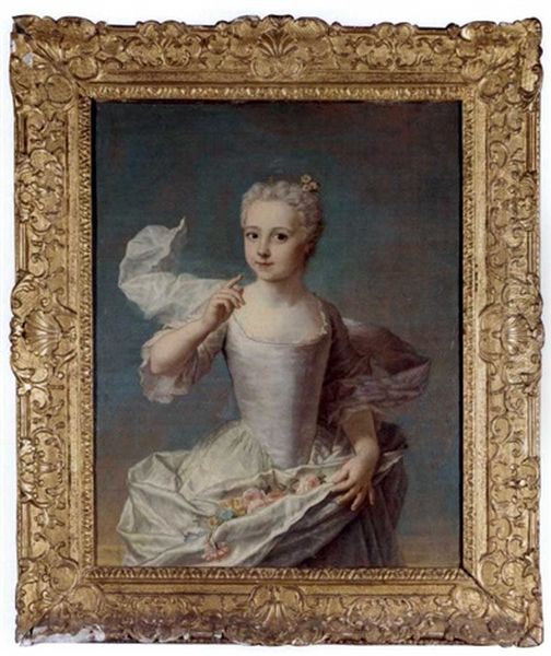 Portrait Of A Young Girl, Three-quarter Length, Wearing A White Silk Dress Holding A Bunch Of Flowers, Said To Be Jacquette Dors De Latours (nee Jacquette Colombe De Boquart) Oil Painting by Marianne Loir