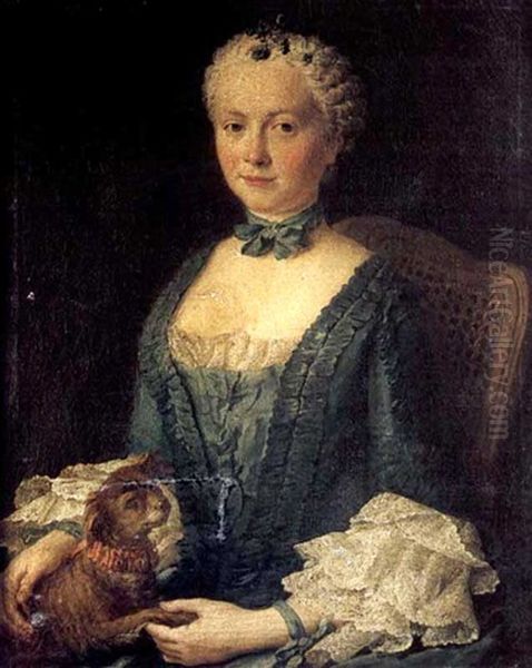 Portrait De Jeune Femme A La Robe Bleue Et Au Petit Chien Oil Painting by Marianne Loir