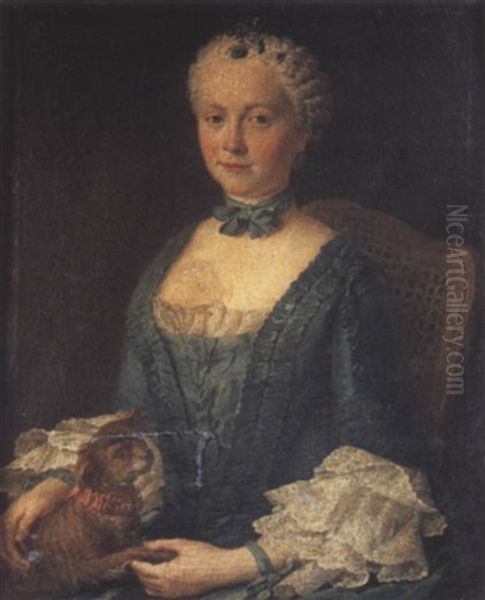 Portrait De Jeune Femme A La Robe Bleue Et Au Petit Chien Oil Painting by Marianne Loir