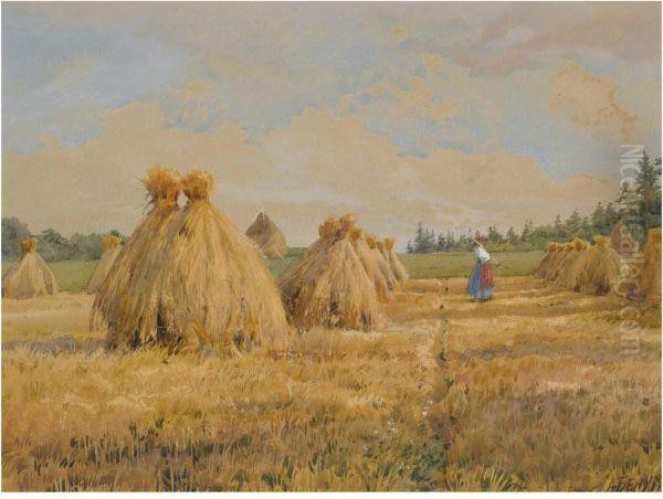 Haystacks In A Field Oil Painting by Albert Nikolaivich Benua