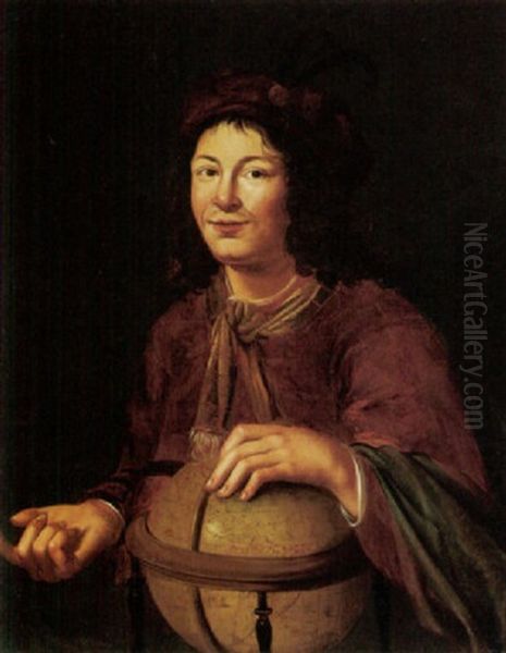 Portrait Of A Young Man (democritus?) Wearing Red With A Plumed Hat, Holding A Globe Oil Painting by Jacob Lois